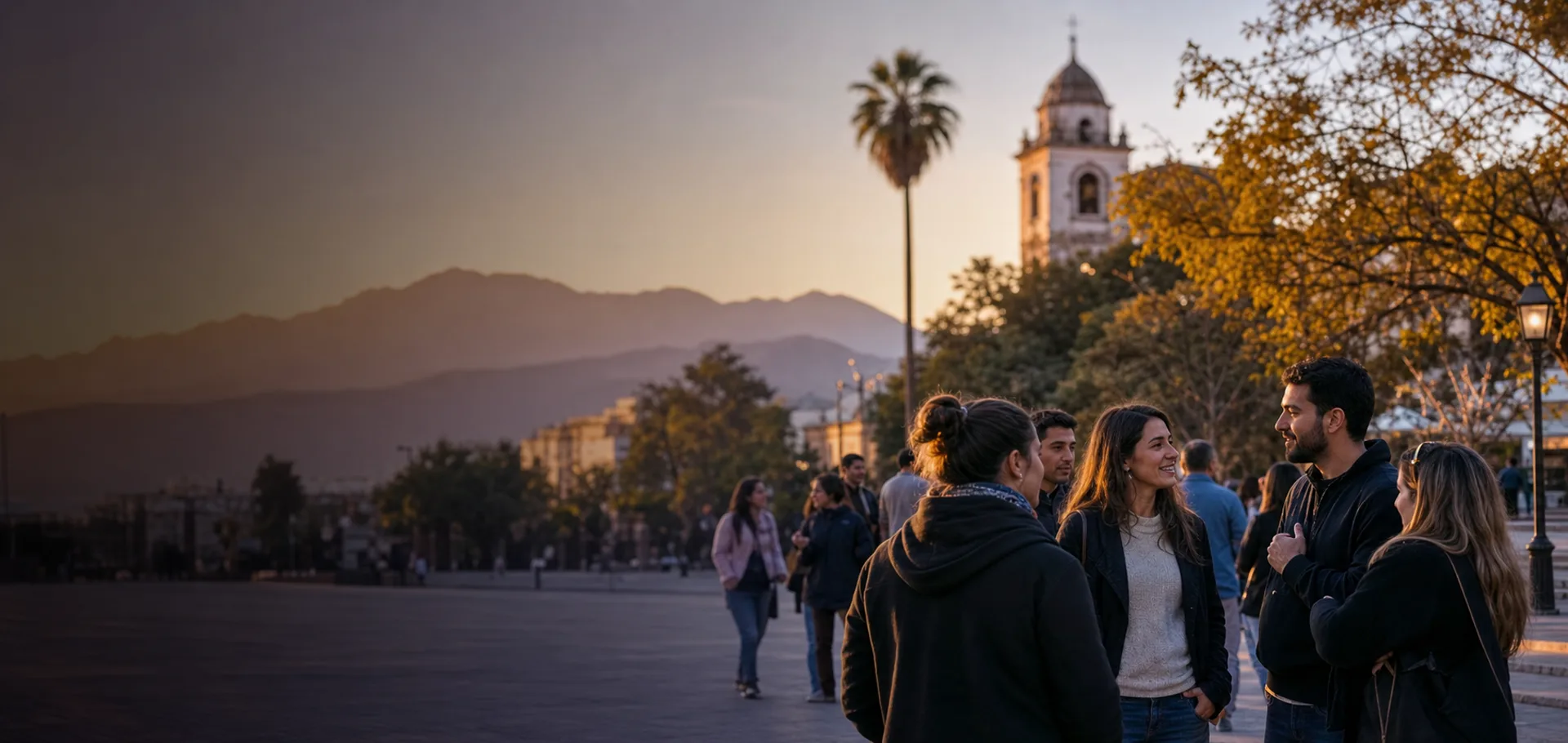 Grupo de personas conversando en una plaza con montañas al fondo